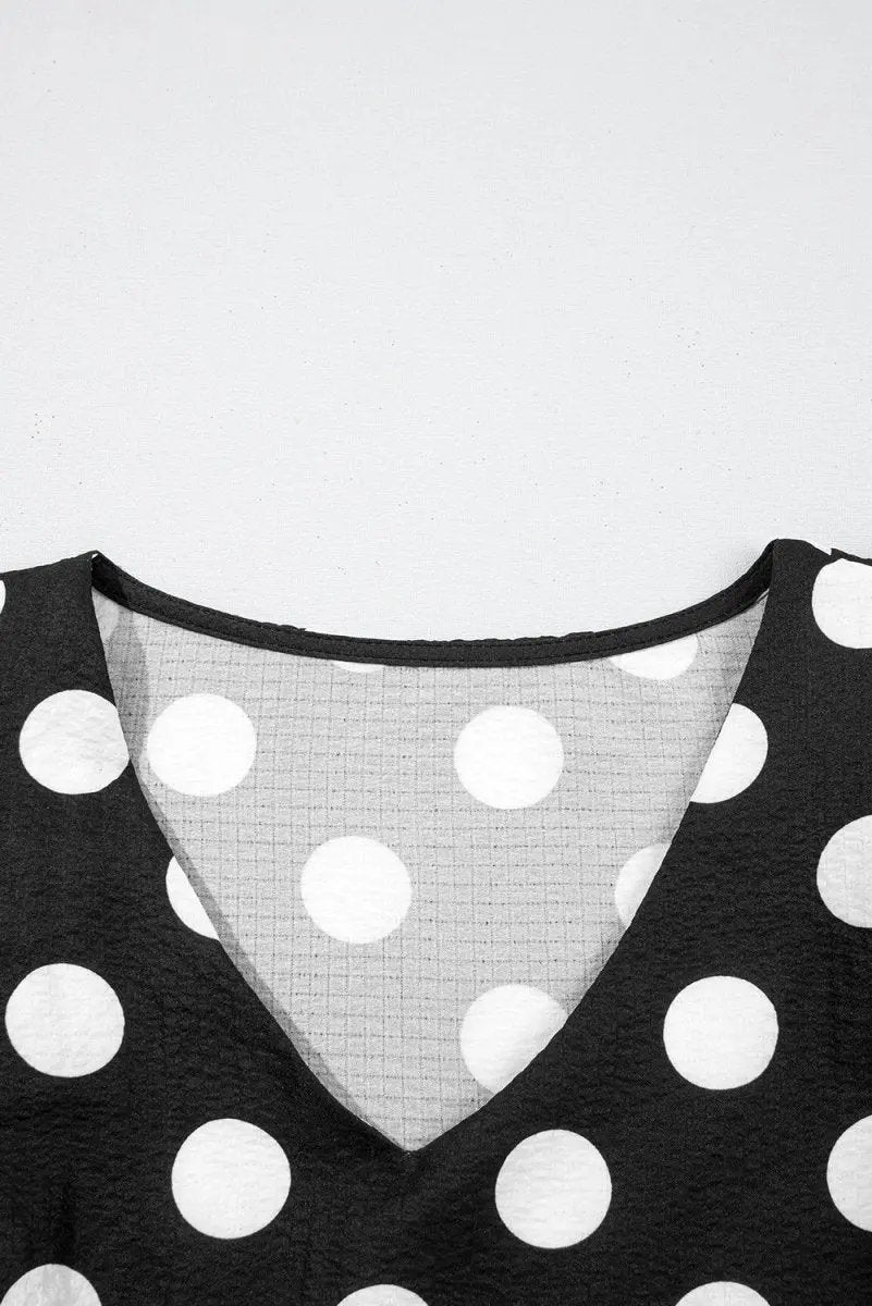 Black Polka Dot Print Ruffled Sleeve V Neck Blouse for Women - Love Salve